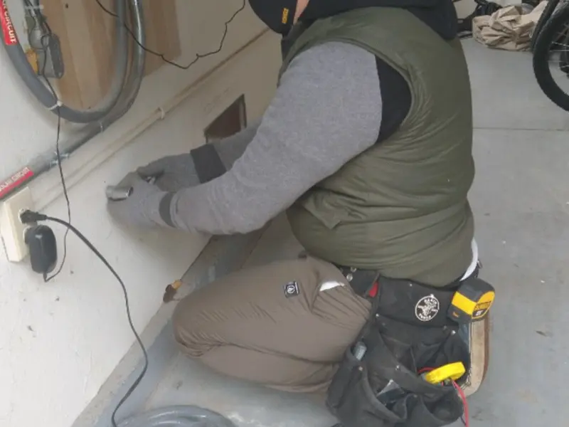Electrician performing outlet wiring in a Atchison garage